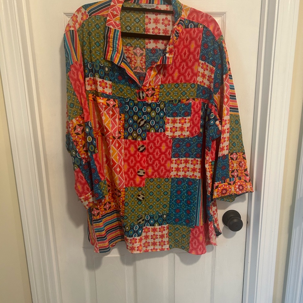 Colorful Patchwork Button-Up Blouse - image 1